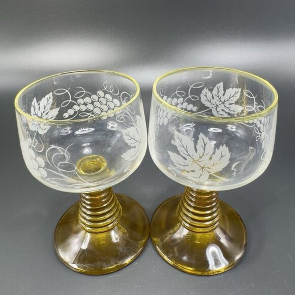 Roemer Cups Glasses Goblet Amber Beehive Stem Etched Clear Made in Germany Set 2